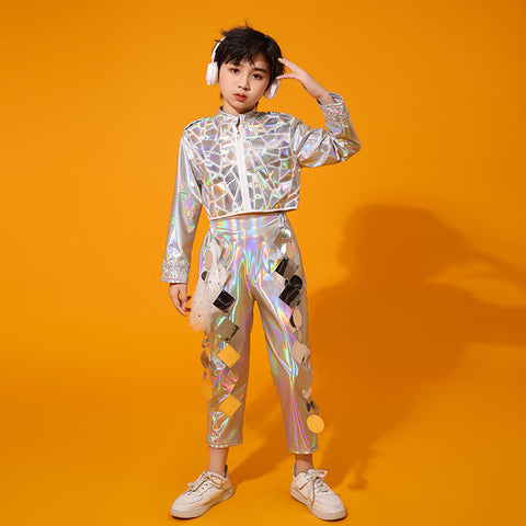 Kids Silver HipHop Jazz Street Dance Costume for Girls Boys Shooting Technology Robot Metaverse Walk Show Performance outfits