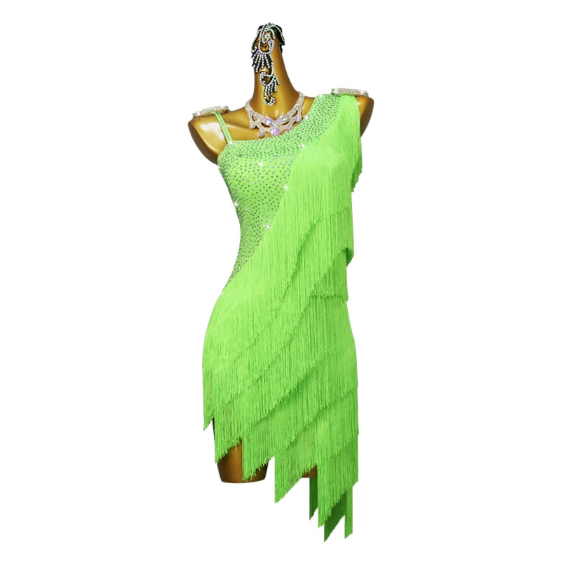 Women Girls One Shoulder Slant Neck Latin Dance Fringed Dresses for Women Girls Neon Green Salsa Latin Chacha Rumba Tassels Contest Dance Costumes