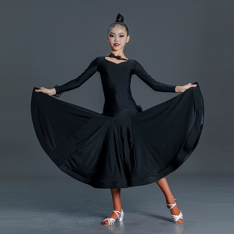 Black modern ballroom dance dresses for girls kids national standard professional competition uniform waltz tango performance wear