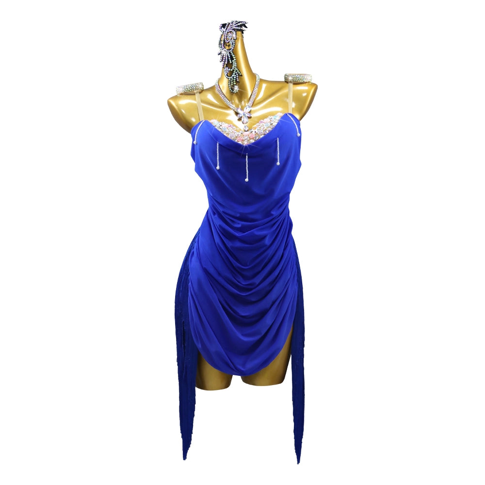 Royal Blue Latin Dance Competition Dresses for Women Girls Rhinestones Bling Salsa Rumba Chacha Dance Costume Standard Black Pool Solo Samba