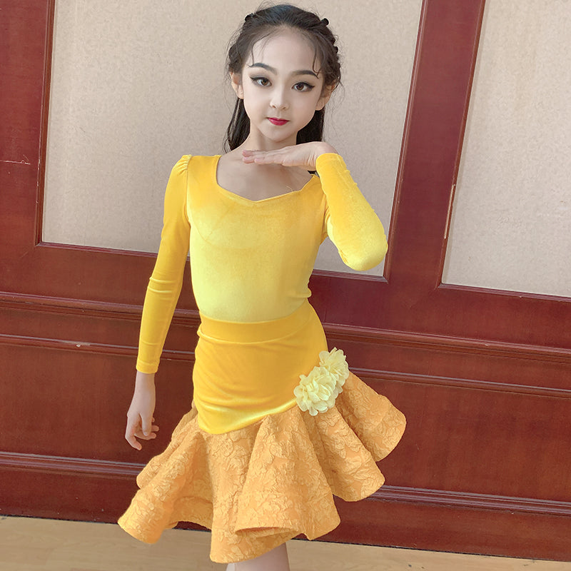 Yellow Girls Latin Dance Dresses Kids Lace Velvet Latin Salsa Rumba Ballroom Performance Costumes