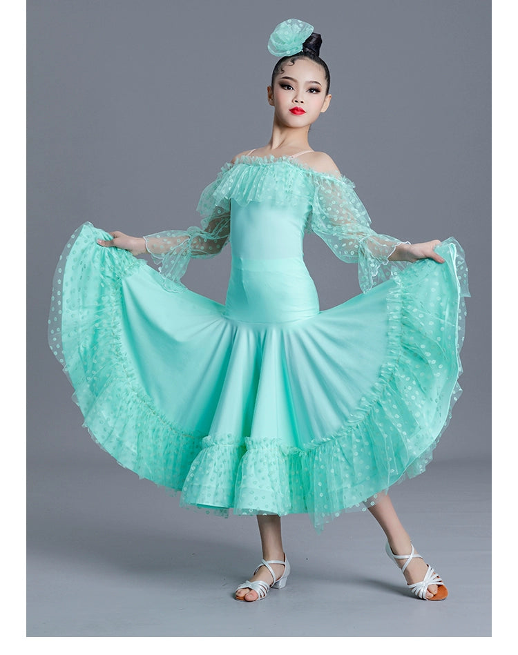 Girls Kids Pink Green Blue Polka Lace Ballroom Dance Dresses Children Ballroom National Ballroom Dance Long Sleeve Dew Shoulder Stage Performance Costumes for Kids