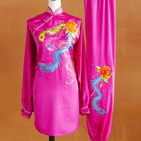 Custom size Phoenix Embroidery Tai Chi clothing for women fuchsia  Qigong Dance Team wushu Competition Performance uniforms