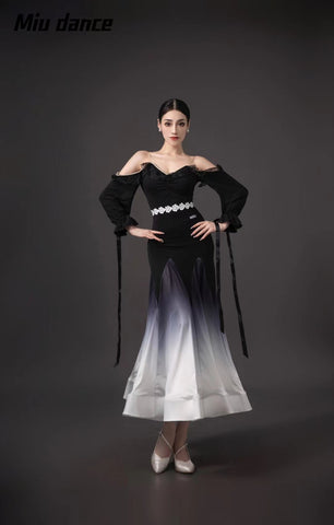 Black White Gradient Off Shoulder Ballroom Dance Dresses for Women Girls Waltz Tango Rhythm Fishbone Skirt