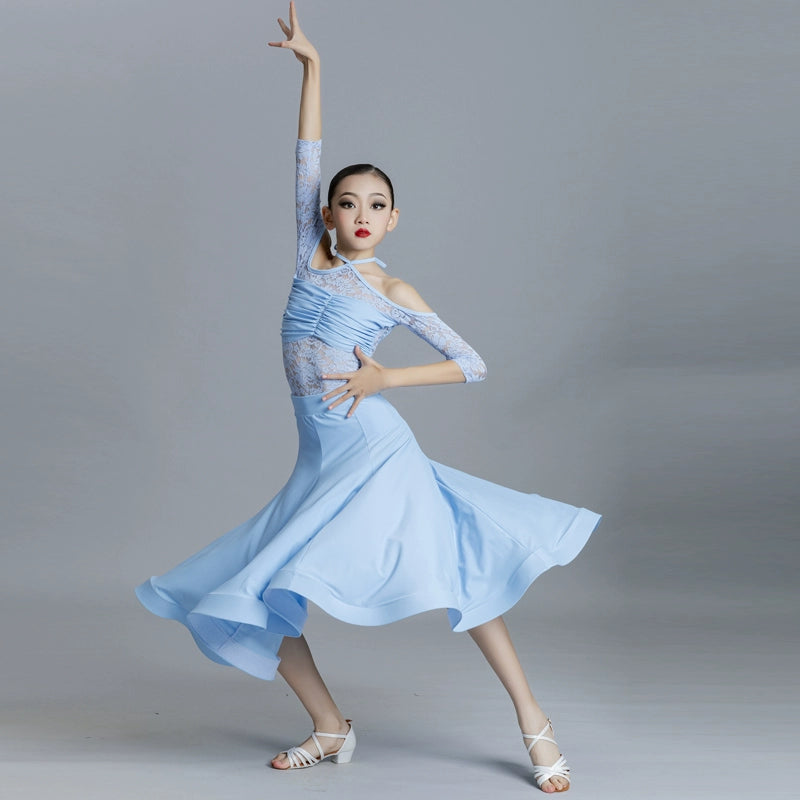 Blue modern Ballroom dance dresses for girls kids waltz tango practice professional competition gown training suit