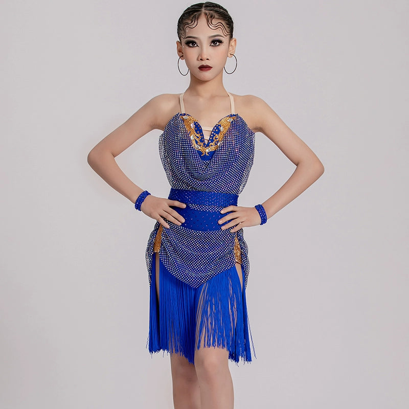 Custom Size Rhinestones Royal Blue Competition Latin Dance Dresses Salsa Rumba Chacha Performance Costume Art Exam Dance Wear