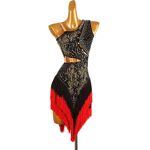 Red Black One Shoulder Latin Competition Dresses for Women Girls Slant Neck Diamond Bling Gradual Change Fringed Latin Salsa Chacha Dance Costume