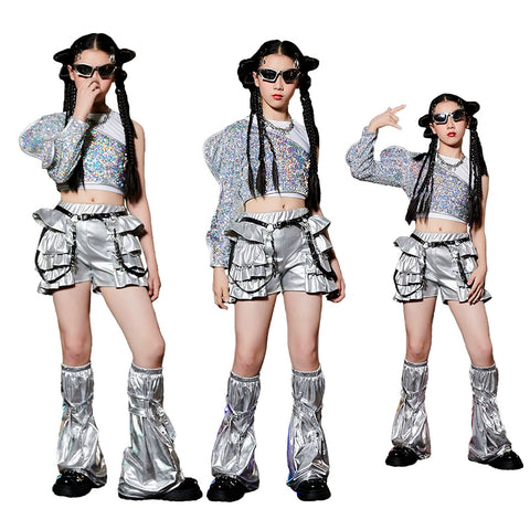 Children's Silver Sequin Jazz Street Dance Costumes for Girls Kids Runway Hip Hop Rapper Singers Gogo Dancers Model Show Dance Outfits