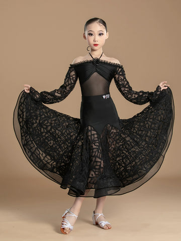 Black lace Latin ballroom dance dress for girls kids national standard waltz tango rhythm dance competition gown for kids