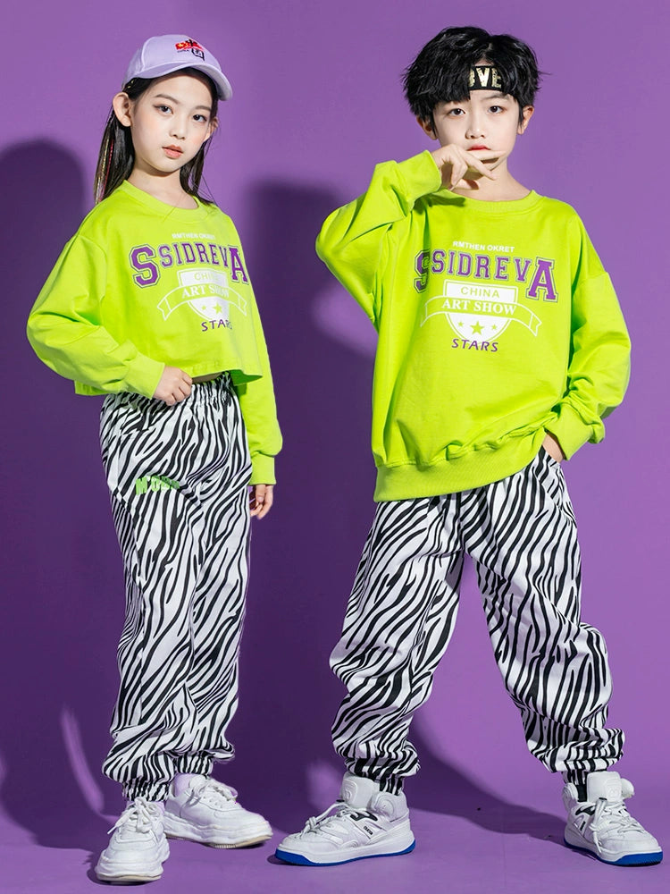 Boys Girls Hip Hop Street Jazz Dance Costume for Girls Kids Neon Green Tops Zebra Pants Gogo Dancers Rapper Singer Hiphop Dance Outfits