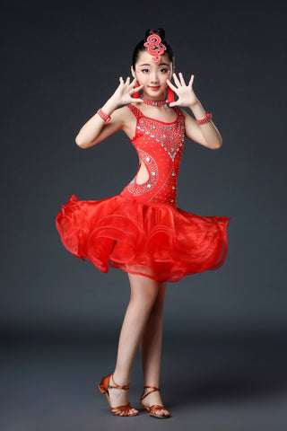 Competition Latin Dance Dresses for Kids Girls Orange White Red Neon Green Rhinestones Competition Grade Salsa Chacha Party Performance Outfits for Kids