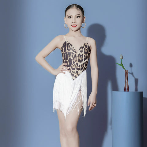 Leopard White Fringe Latin Dance Dresses for Girls Latin Salsa Rumba Jive Professional Cha Cha Performance Clothes for Kids