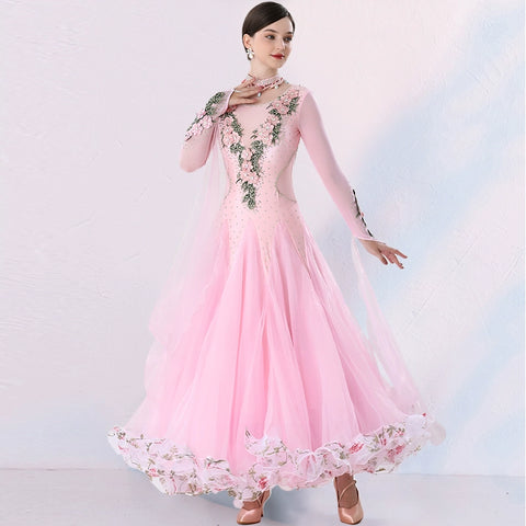 Women's Competition ballroom dance dresses for girls white pink blue waltz tango foxtrot rhythm moving dance long gown with float sleeves