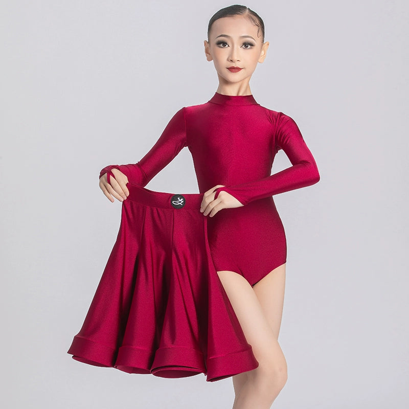 Professional Ballroom Latin Dance Dresses for Girls Kids Wine Lavender Purple Navy Long Sleeves Salsa Rumba Chacha Performance Costumes