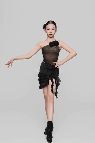 Girls Red black fringe Latin dance costumes slanted shoulders ballroom latin dance skirts flower practice solo dance suit for kids