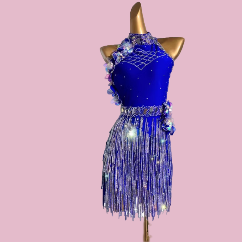 Custom Size Royal Blue Fringe Competition Latin Dance Dresses for Women Girls Kids Salsa Rumba Chacha Solo Dancing Bling Costumes