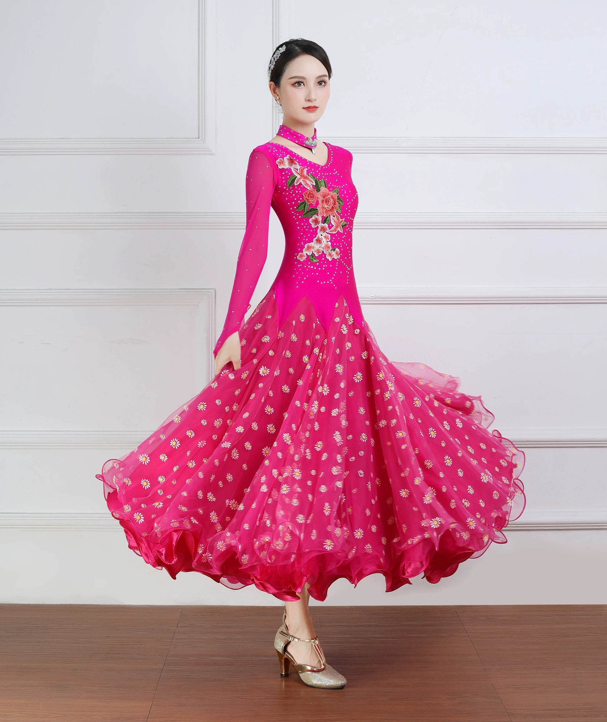 Custom Size Flowers Fuchsia Ballroom Dance Dresses for Women Girls Rhinestones Waltz Tango Rhythm Smooth Dance Long Swing Skirts