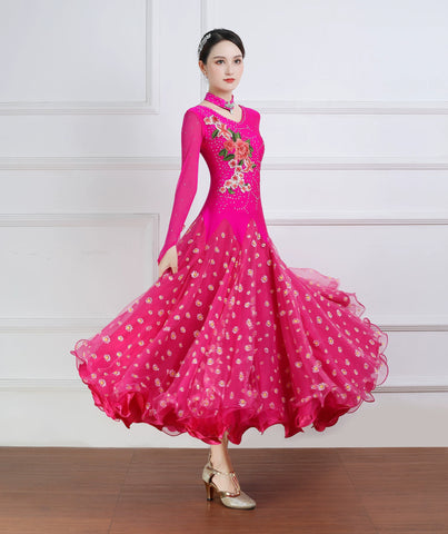 Custom Size Flowers Fuchsia Ballroom Dance Dresses for Women Girls Rhinestones Waltz Tango Rhythm Smooth Dance Long Swing Skirts