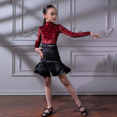 Children's Green Red Leopard Velvet  Latin Dance Dresses for Girls Juvenile Salsa Rumba Chacha Ballroom Dancing Costumes for Kids