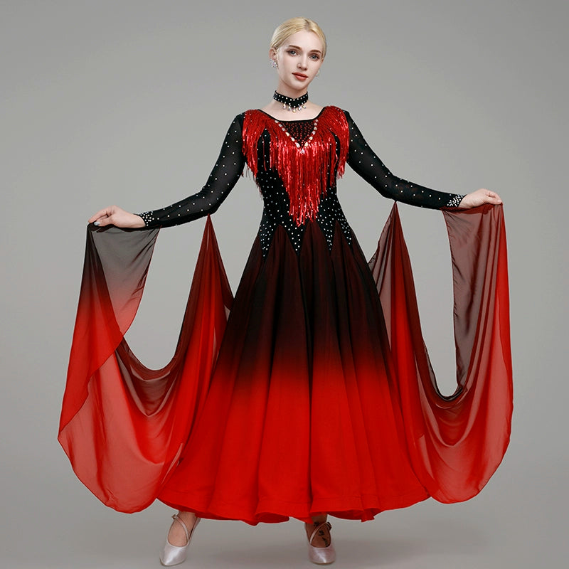 Gradient Red White Competition Ballroom Dance Dresses for Women Girls Waltz Tango Squin Fringe Modern Dance Skirt Party Dancing Gown