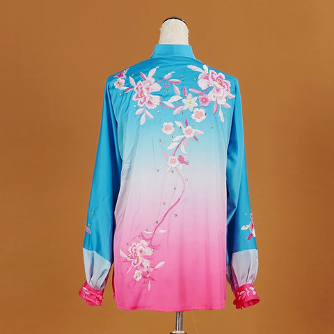 Customized size competition tai chi clothing wushu performance clothes blue rose red embroidery martial art performance suit for women