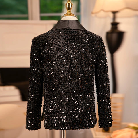 Children Boys Jazz Dance Black Sequined Coat Wedding Party Flower Boys Dress Suit Boy Host Pianist Performance Jacket British Style