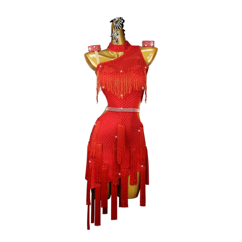 Red One Shoulder Fringe Competition Latin Dance Dresses for Girls Women Professional Salsa Rumba Chacha Dance Clothing