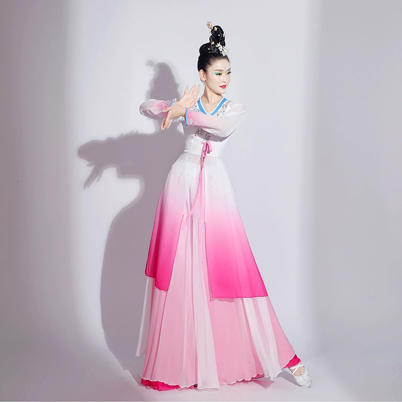 Pink green gradient chinese folk dance costumes women ancient traditional classical dance performance dresses female fairy hanfu