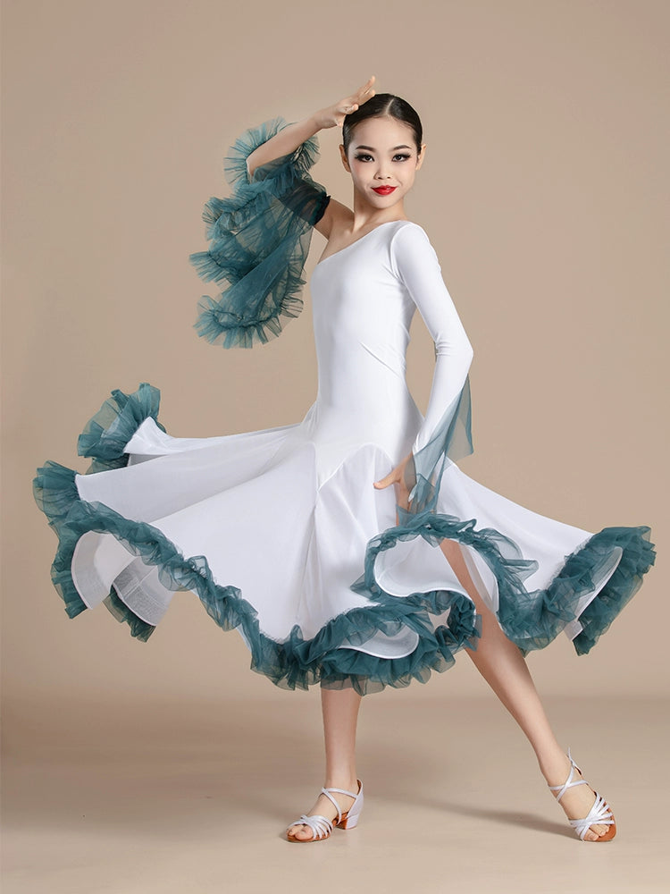 White with Blue Slant Neck Ballroom Dance Dresses for Girls Kids Competition Ballroom Tango Waltz with Float Art Test Training Uniforms