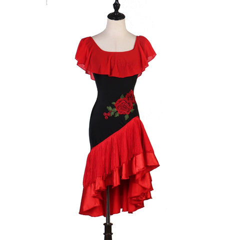 Professional Embroidered Flowers Red Blue Fringe Latin Dance Dress for Women Girls Red Turquoise Ruffles Neck Salsa Rumba Chacha Samba Dance Skirt