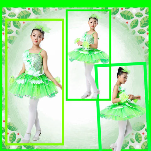 Children's Pink Petals Flowers Jazz Dance Dresses Jasmine Blossom Dance Costume Flower Fairy Tutu Skirts Performance Costume for Kids