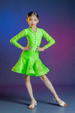 Neon Green Lace Latin Dance Dresses for Girls Kids Children's Latin Dance Competition Costumes Salsa Chacha Performance Skirts