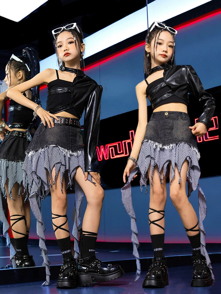 Girls Jazz Dance Costume Kids Street  Hip Hop Rappers Singers Party Show Carnival Dance Catwalk Trendy Clothing Irregualr Skirt One Shoulder Top