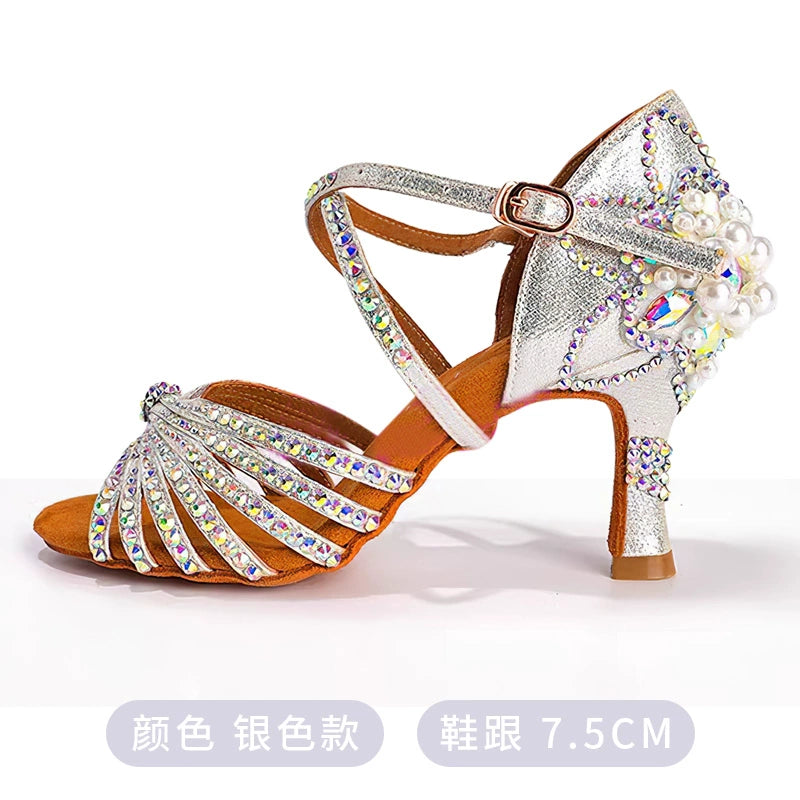 Competition Bronze Silver Sparkling Latin Dance Shoes for Women Girls Kids Competition Salsa Rumba Cha Cha Jive Performance Sandals Soft Soles Indoor Style