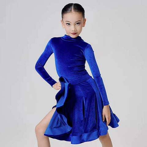 Girls Kids Latin Dance Dresses Black Royal Blue Turtleneck Velvet Long Sleeves Fishbone Ballroom Latin Salsa Training Practice Dance Competition Uniform