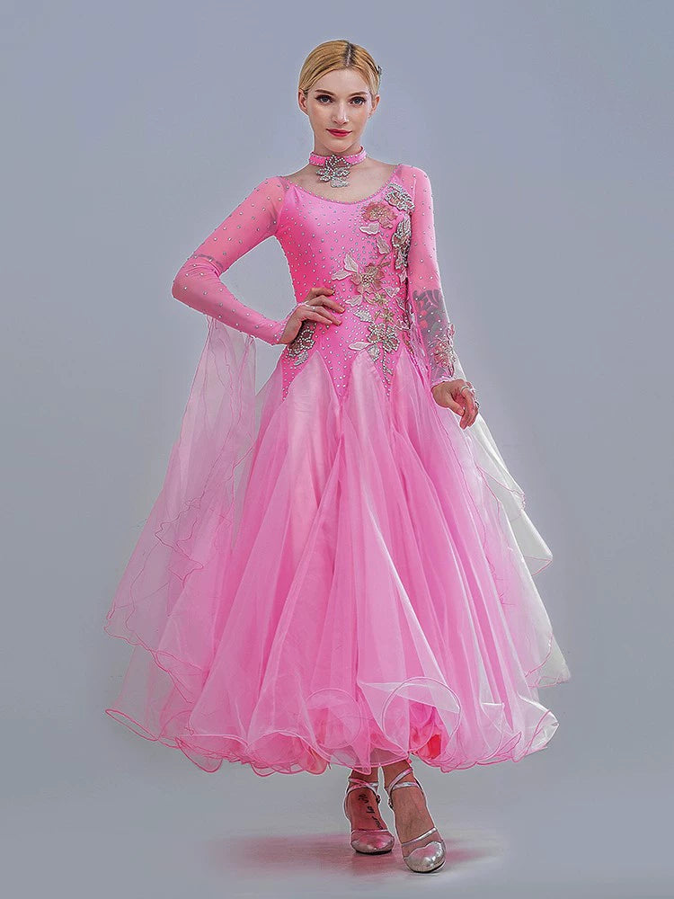 Modem ballroom dance dresses for women girls pink diamond ballroom dancing competition gown waltz tango foxtrot dancing skirt