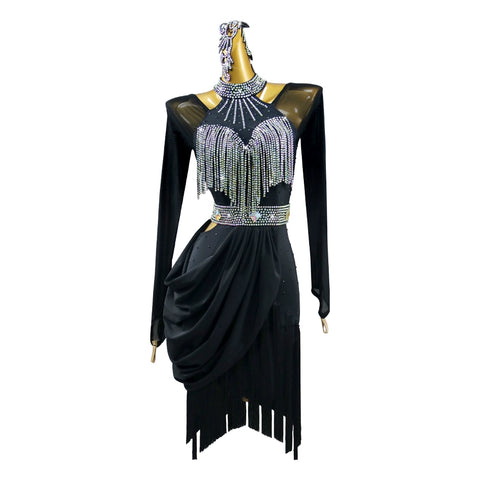 Black fringe competition Professional Latin Dance dresses for women girls salsa rumba chacha gemstones Performance clothes