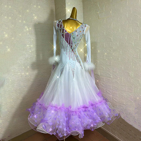 Customized Size Light Purple Crystals Competition Ballroom Dance Dresses for Women Girls Rhythm Smooth Foxtrot Waltz Performance Gown