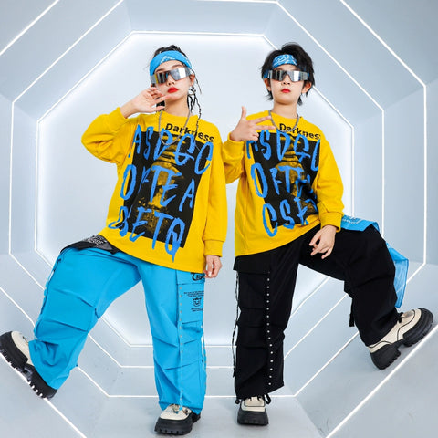 Kids Hip Hop Street Jazz Dance Costumes Boys Girls Blue Yellow Hiphop Fried Street Model Show Rapper Singers Catwalk Trendy Outfits for Children