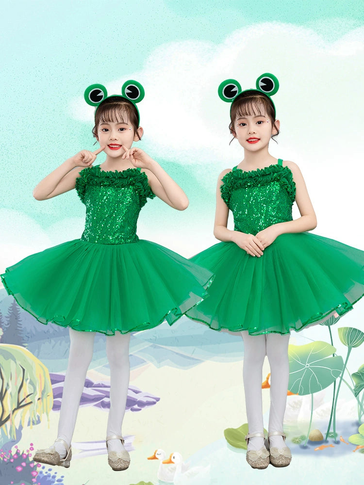 Children's Little frog dance costumes girls tutu skirts Halloween Xmas party dress up green jazz performance princess skirt green lotus leaf