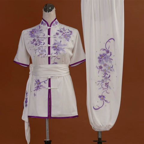 Custom size competition tai chi Wushu uniforms embroidered flower team martial art changquan performance cclothes for adult kids