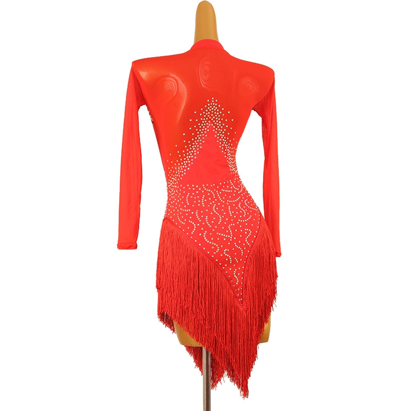 White Red Blue Fringe  Latin Dance Dress for Women Girls Purple Long Sleeves Rhinestones Competition Performance Rumba Chacha Dancing Costumes for Female