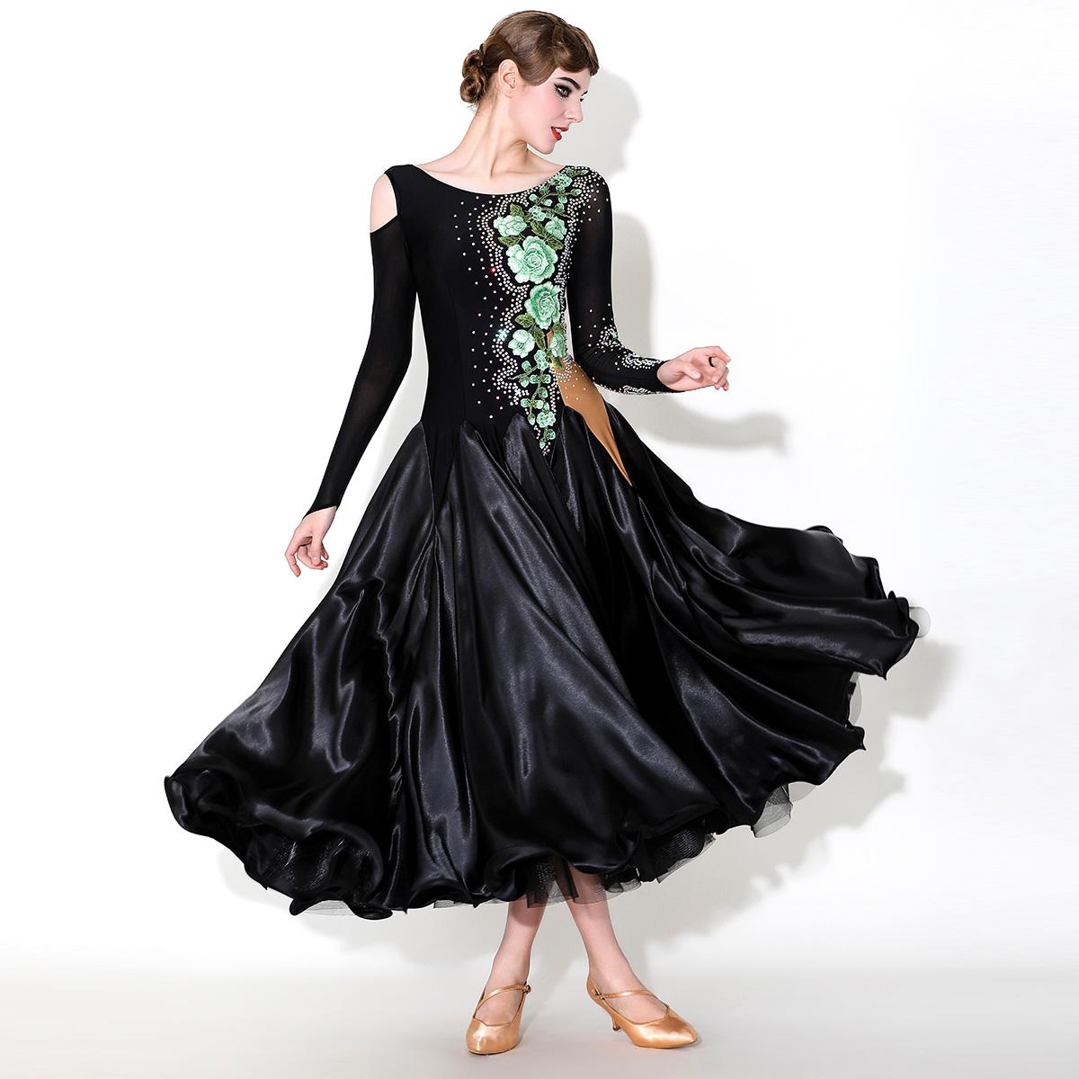 Green Peony Flower Ballroom Dance Dress for Women Girls Slant Neck Rhythm Smooth Waltz Tango Satin Gown