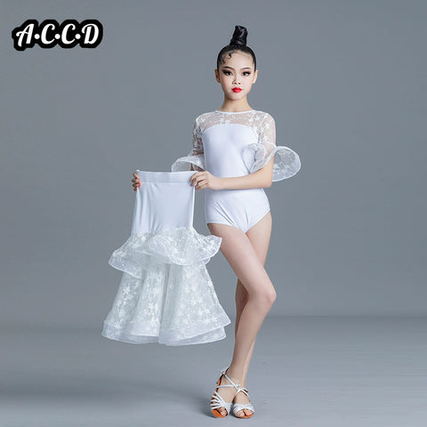 Children' Girls White Pink Green Lace Ballroom Dance Dresses for Kids Waltz Ballroom Tango Dance Competition Performance Clothes