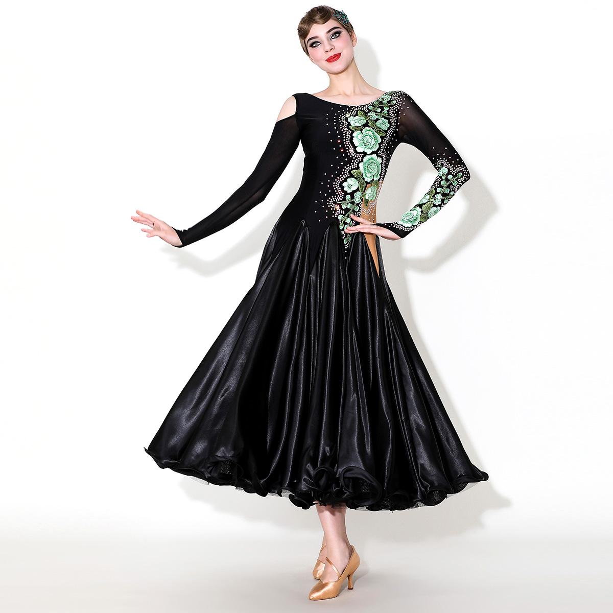 Green Peony Flower Ballroom Dance Dress for Women Girls Slant Neck Rhythm Smooth Waltz Tango Satin Gown