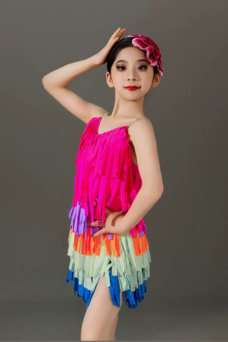 Children rainbow fringe competition Latin dance dresses kids girls ballroom salsa rumba chacha  performance clothes