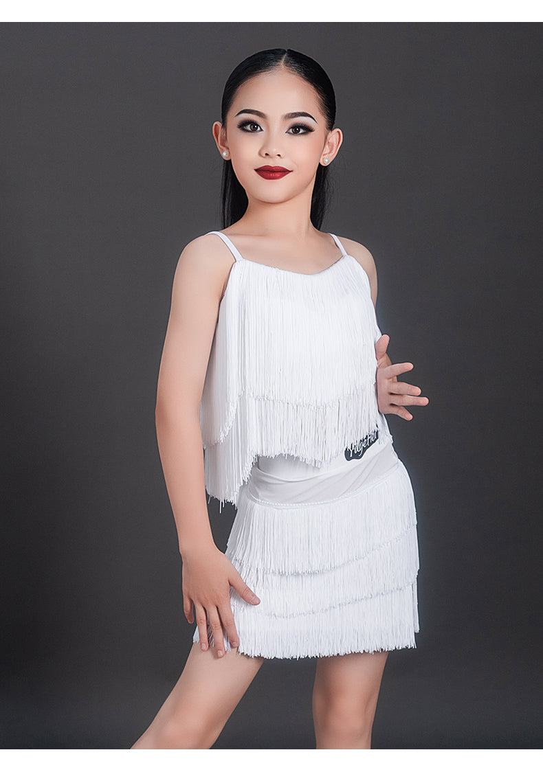 Wine White Fringe Competition Latin Dance Dresses for Girls Kids Salsa Rumba Chacha Performance Dance Outfits