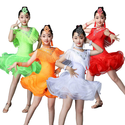 Kids Girls Competition Tassel Latin Dance Dresses Orange Red White Green Salsa Chacha Latin Party Performance Costume