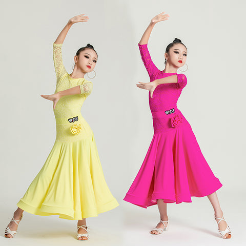 Girls Pink Yellow Lace Ballroom Dance Dresses for Kids Children Waltz Tango Rhythm Dance Costumes Long Swing Skirts