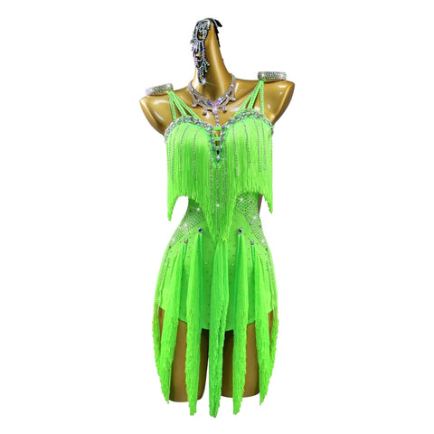 Professional Neon Green Fringe Latin Dance Dresses for Women Girls Salsa Chacha Competition Advanced Dance Stage Dancing Outfits for Female